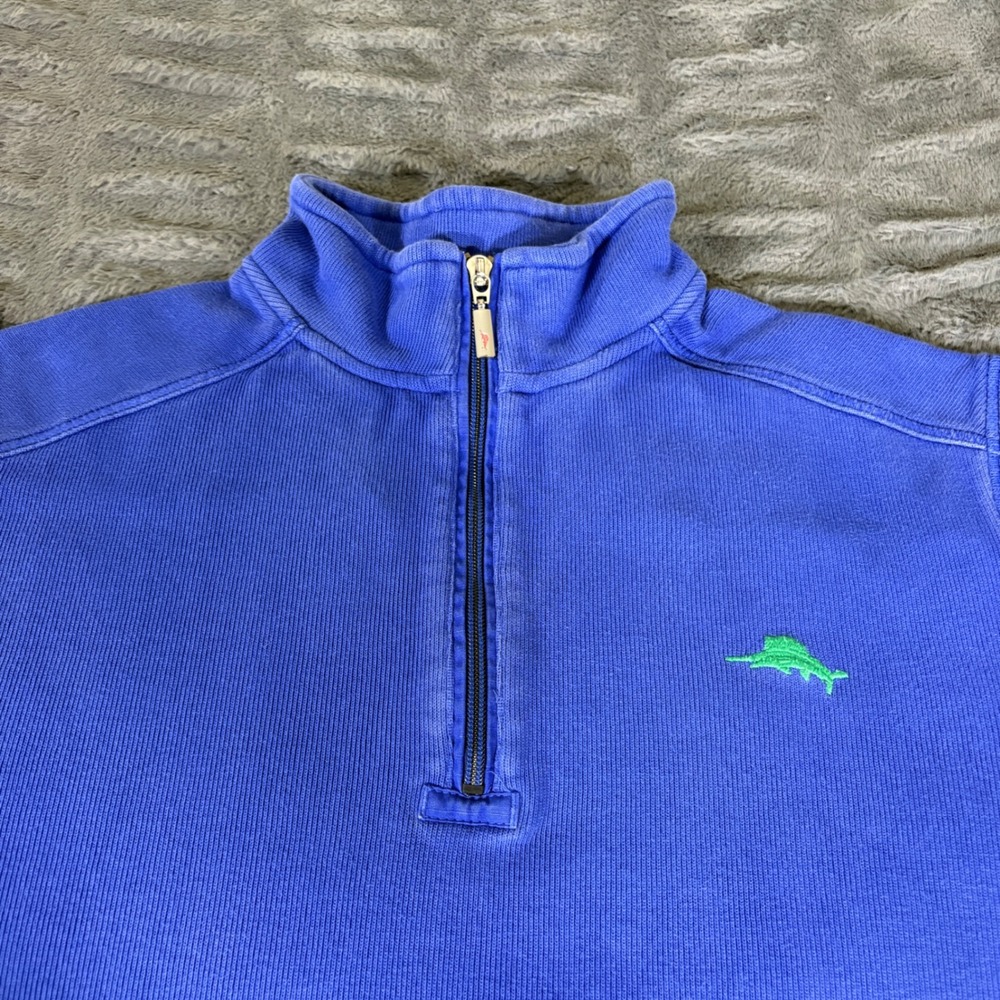 Tommy Bahama Relax Mens Medium Blue Ribbed 100% Cotton Quarter Zip Pullover